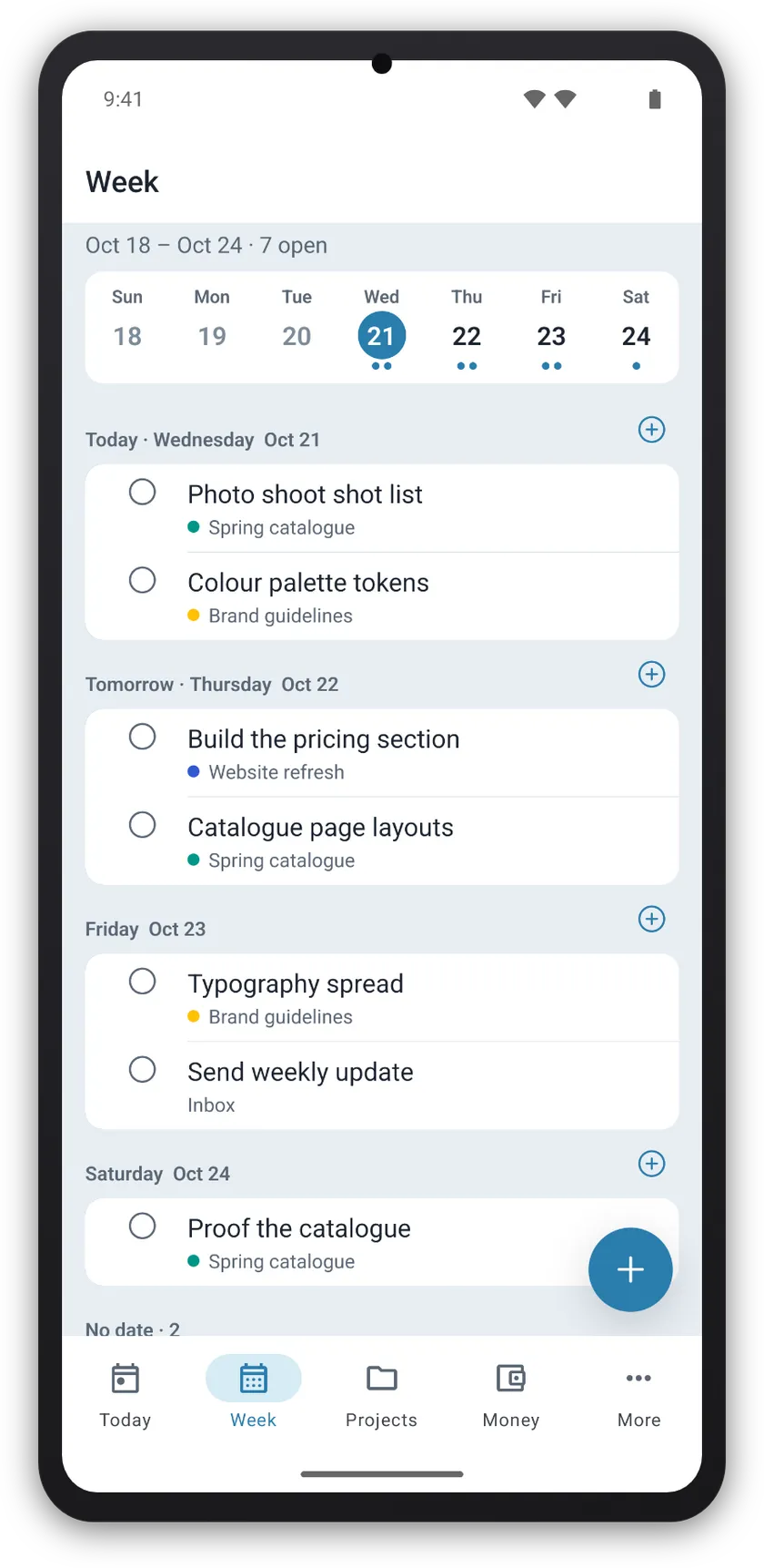 ToDev on Android showing the week as one list, grouped by day