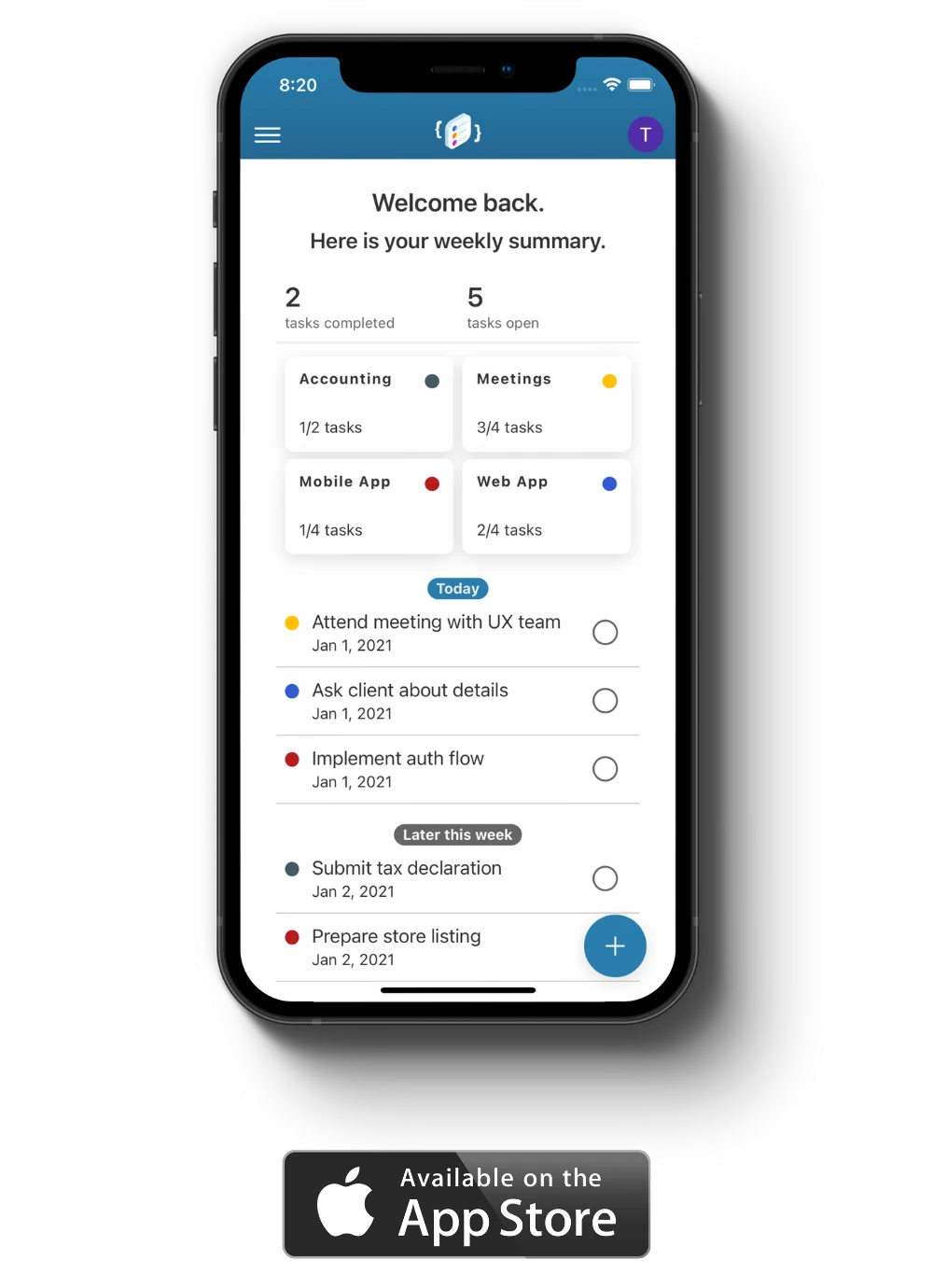 ToDev iPhone app showing today's tasks and project cards