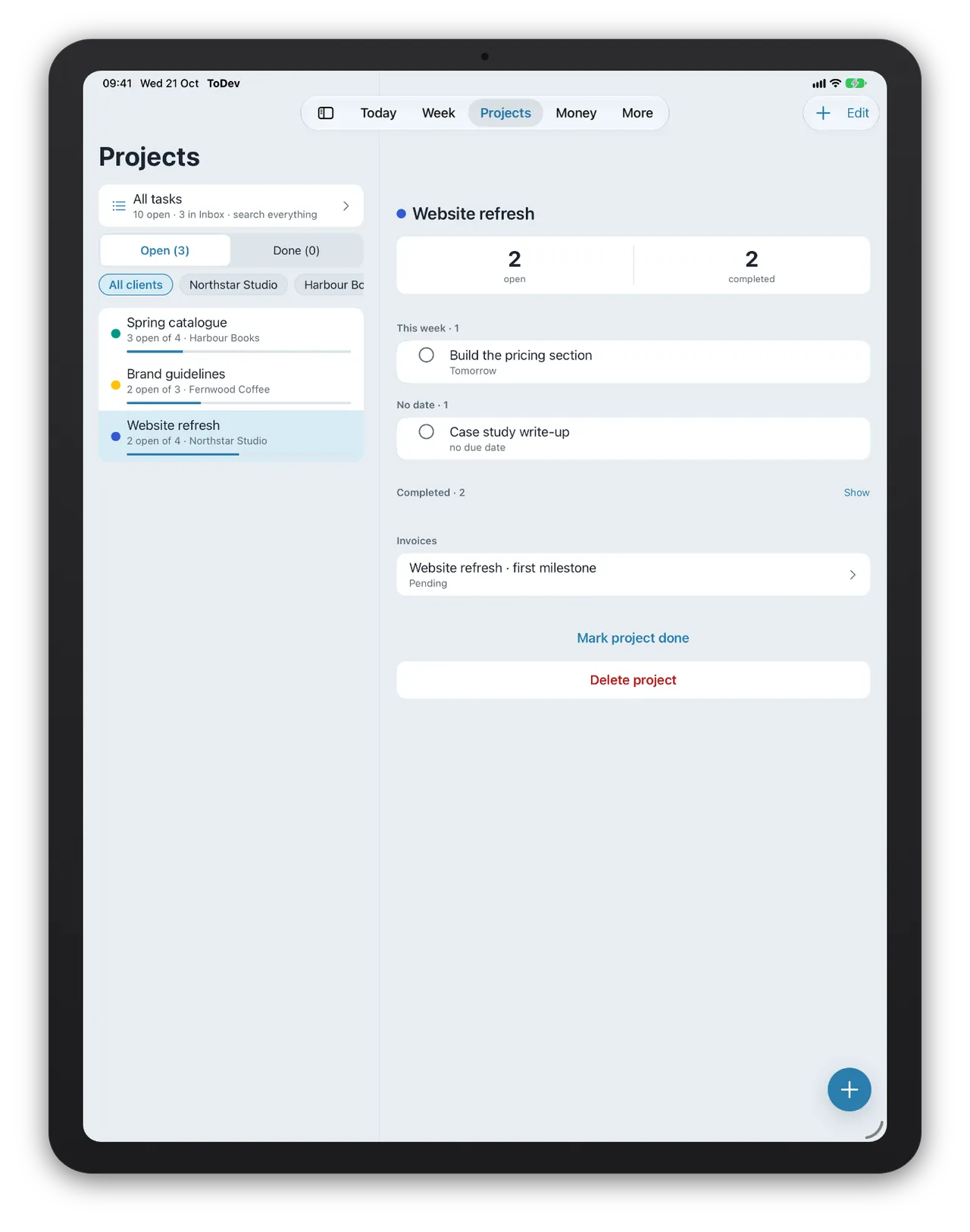 The Website refresh project on iPad, with its tasks, its invoice and its client, Northstar Studio