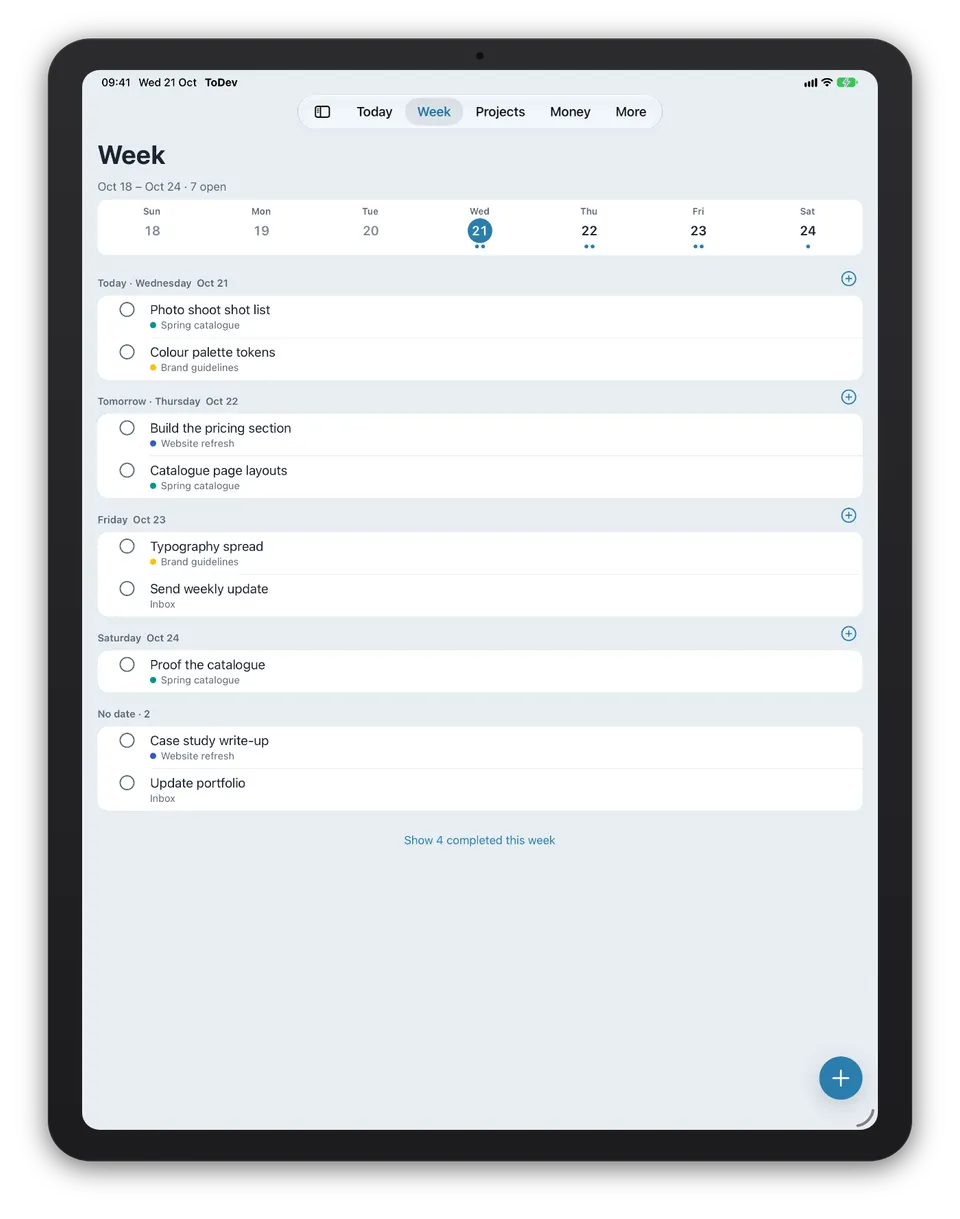 The same week on iPad, as a seven-day board