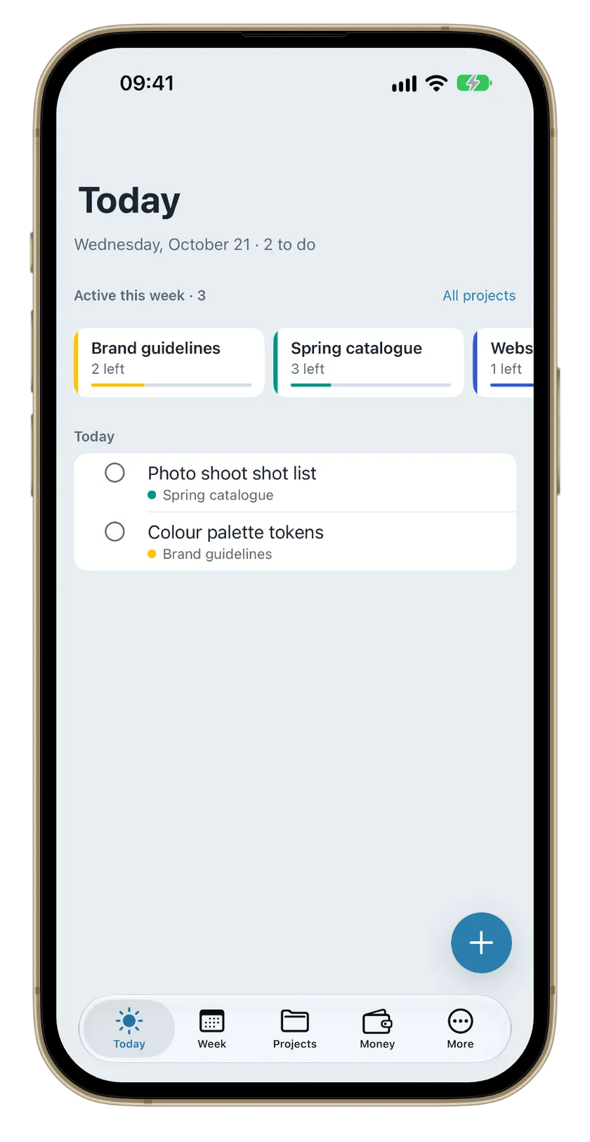 ToDev's Today screen on iPhone, with today's tasks and this week's active projects