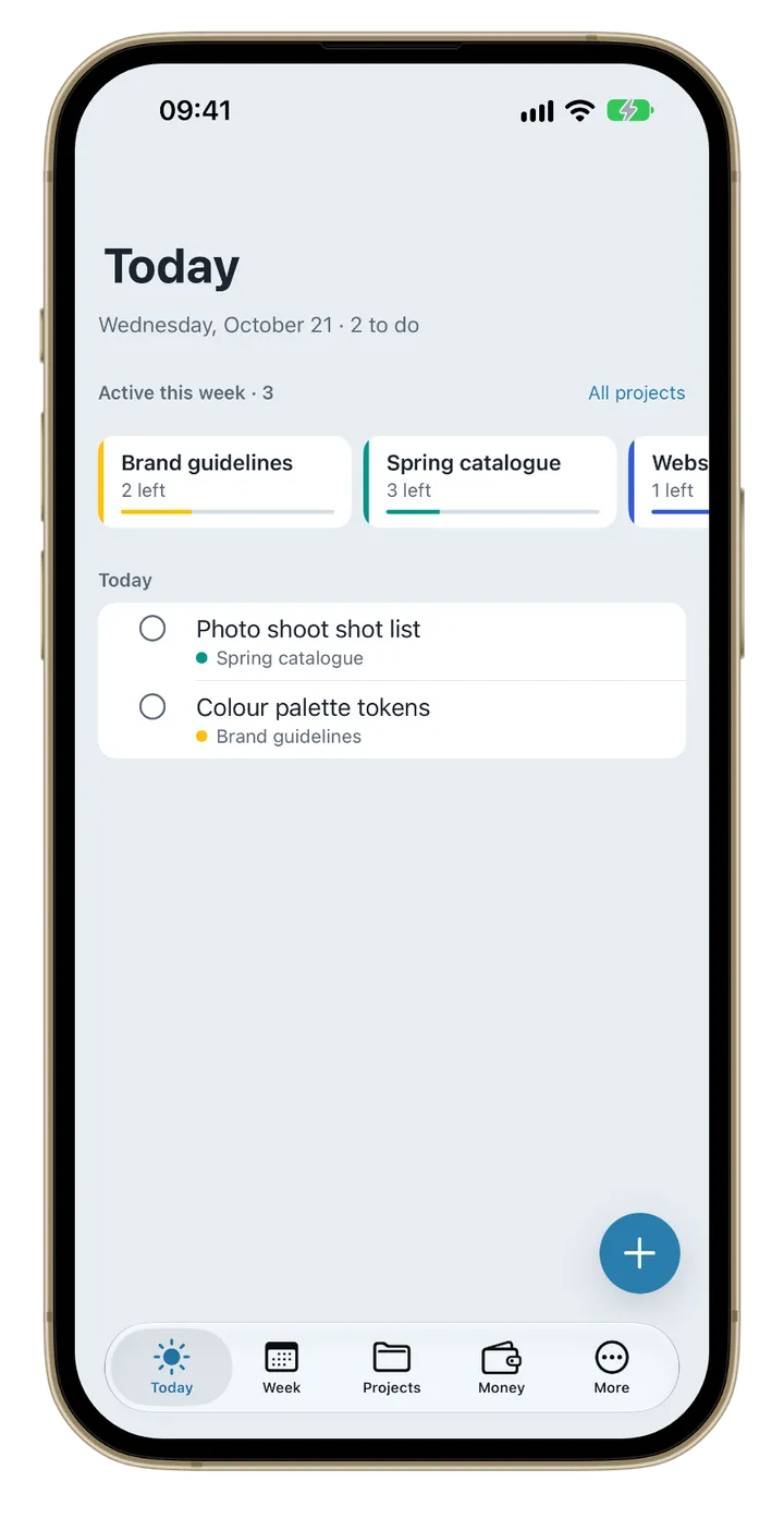 ToDev's Today screen on iPhone, with today's tasks and this week's active projects
