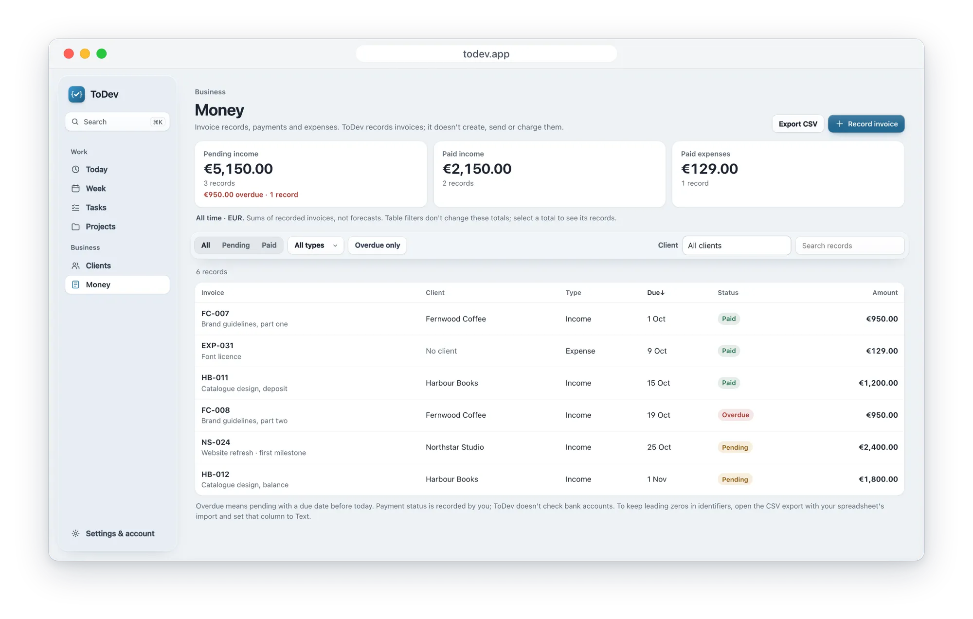 The Money page in the ToDev web app, with pending and paid income, one overdue invoice and a list of invoices by client