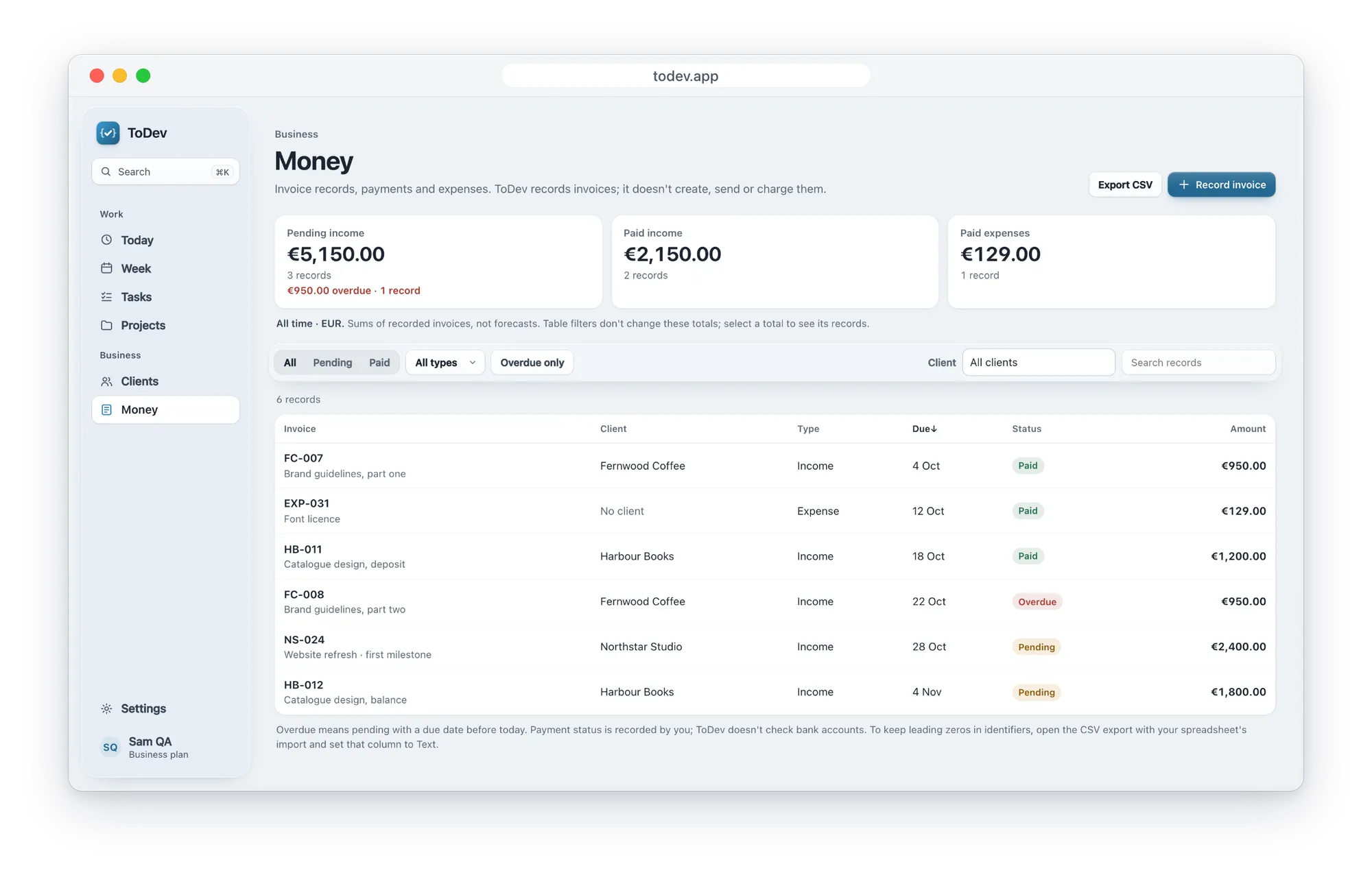The Money page in the ToDev web app, with pending and paid income, one overdue invoice and a list of invoices by client