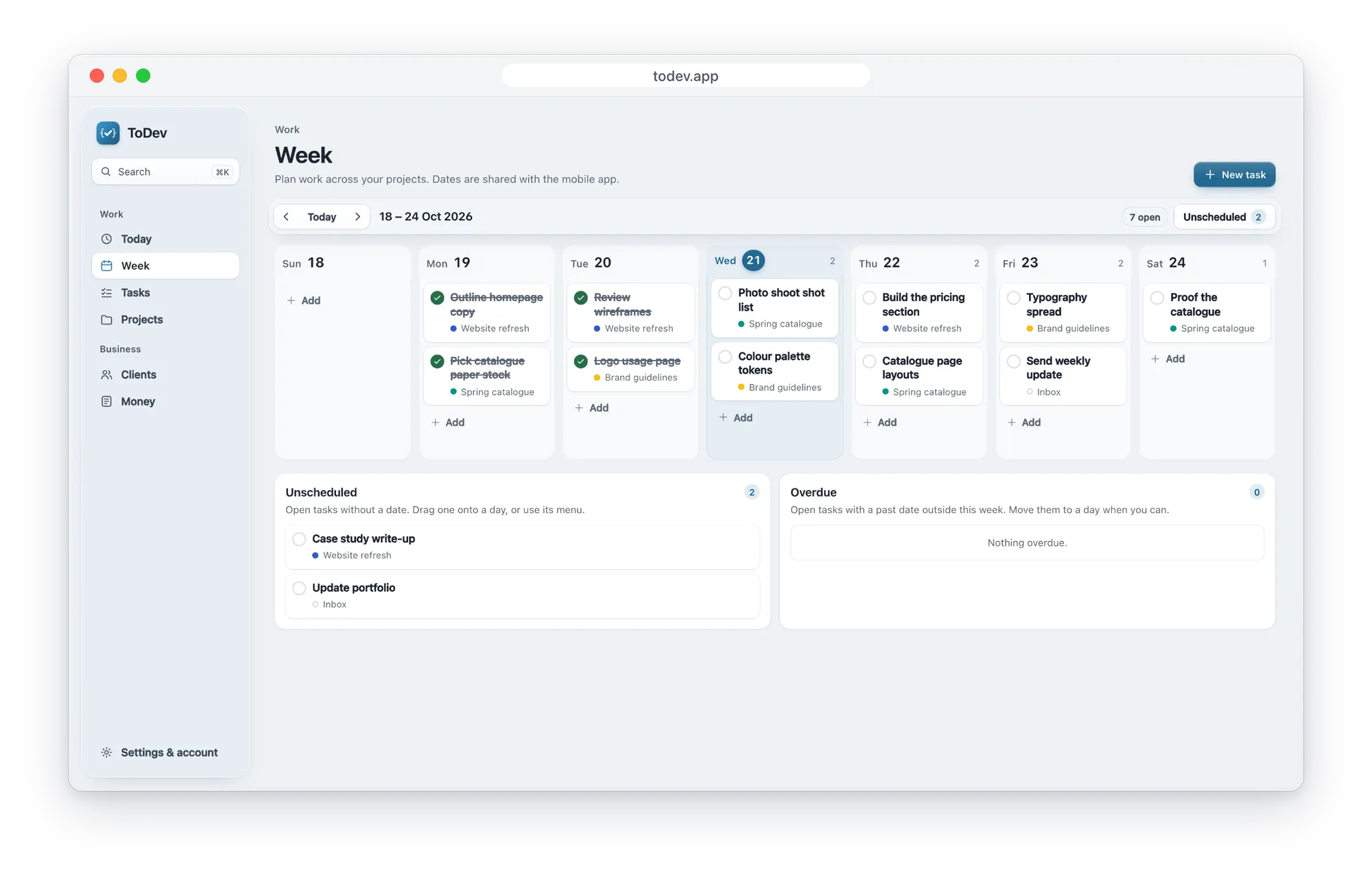 The ToDev web app's Week board, with this week's tasks for Website refresh, Spring catalogue and Brand guidelines spread across the days