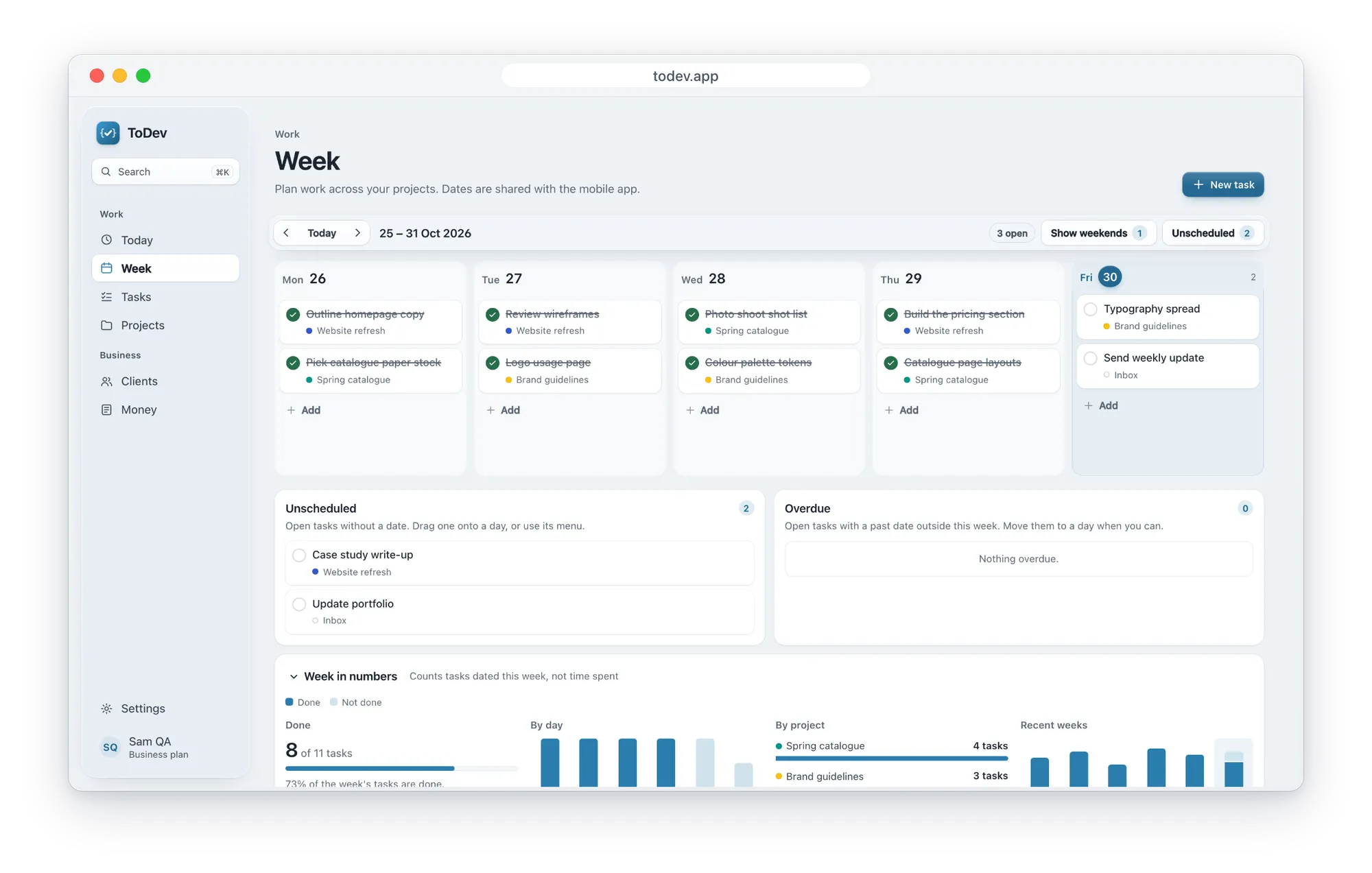 The Week board in the ToDev web app, Monday to Friday, with tasks for three client projects