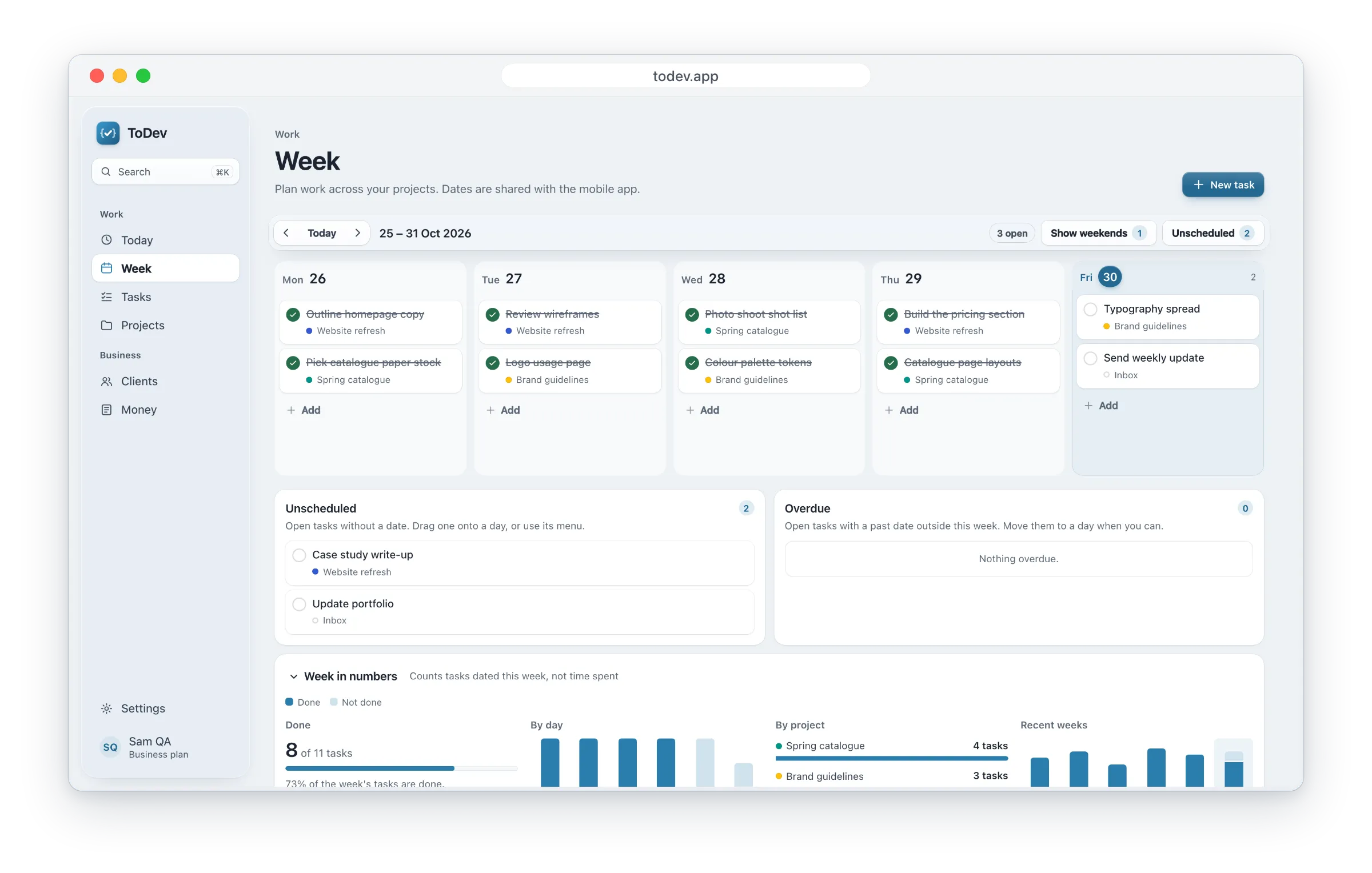 The ToDev web app's Week board, with this week's tasks for Website refresh, Spring catalogue and Brand guidelines spread across the days