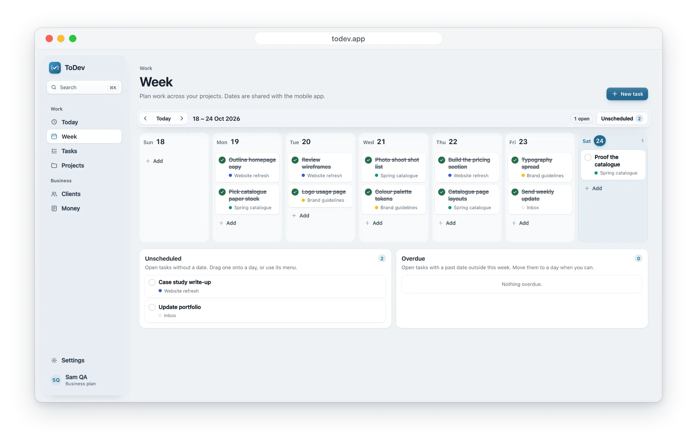 The ToDev web app's Week board, with this week's tasks for Website refresh, Spring catalogue and Brand guidelines spread across the days