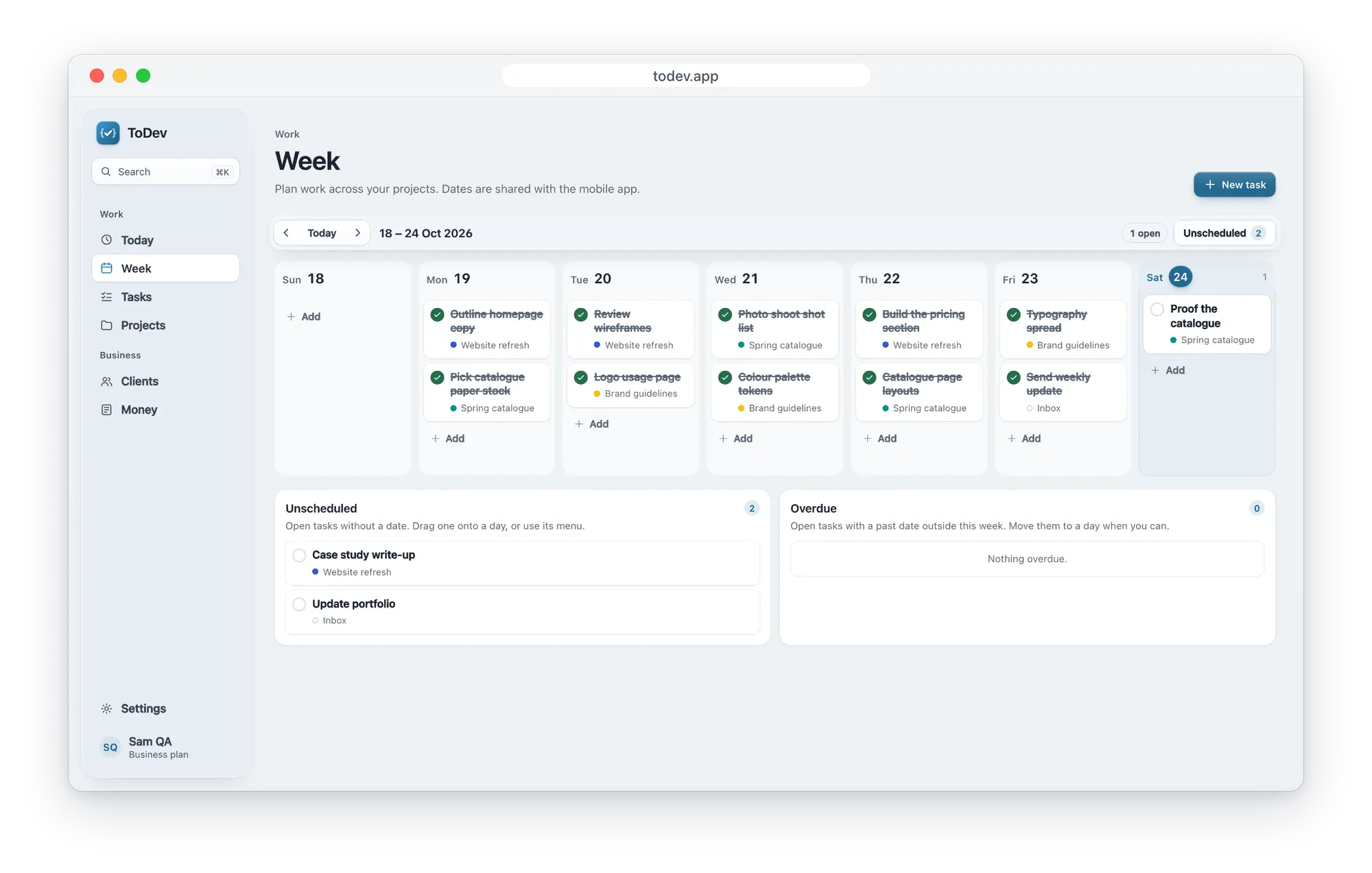 The Week board in the ToDev web app, with tasks for three client projects across seven days